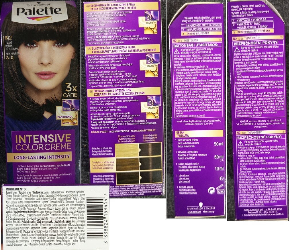 Barva na vlasy Schwarzkopf, Palette, INTENSIVE COLOR CREME, N2 TMAVĚ HNĚDÝ 3-0: Fotografie