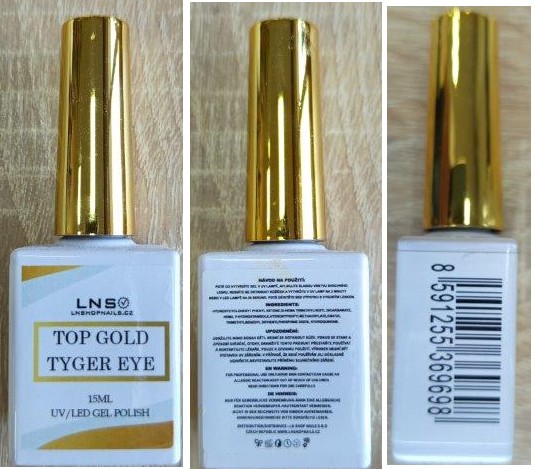 Lak na nehty LNS, LNSHOPNAILS.CZ, TOP GOLD TYGER EYE, UV/LED GEL POLISH, 15 ML: Fotografie