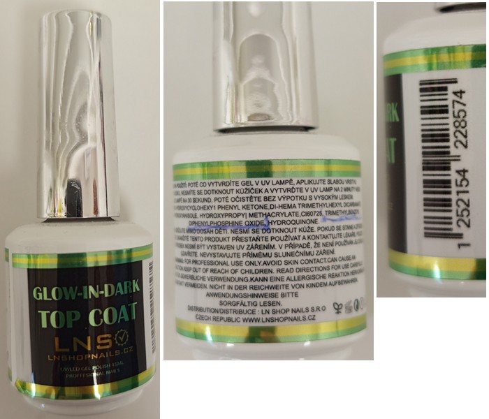 Lak na nehty GLOW-IN-DARK, LNS, LNSHOPNAILS.CZ, UV/LED GEL POLISH 15ML PROFFESIONAL NAILS: Fotografie